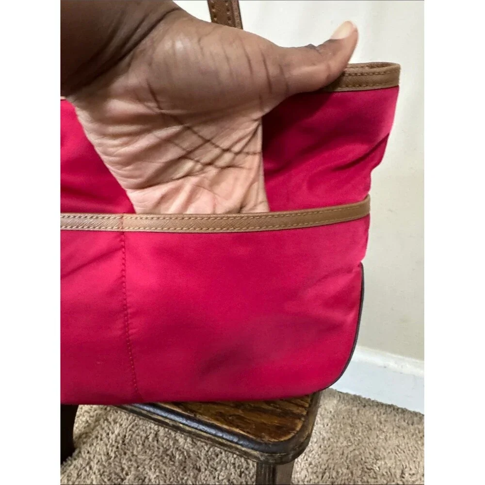 Michael Kors Kempton Nylon Tote Red Tan Leather Trim Travel Casual Contemporary